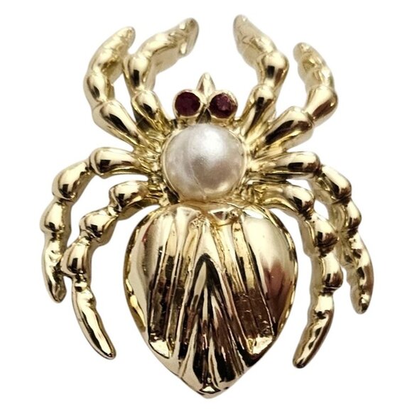 Gold Tone Vintage Faux  Pearl Spider Brooch, Red Rhinestone Pin L876 - Picture 8 of 8